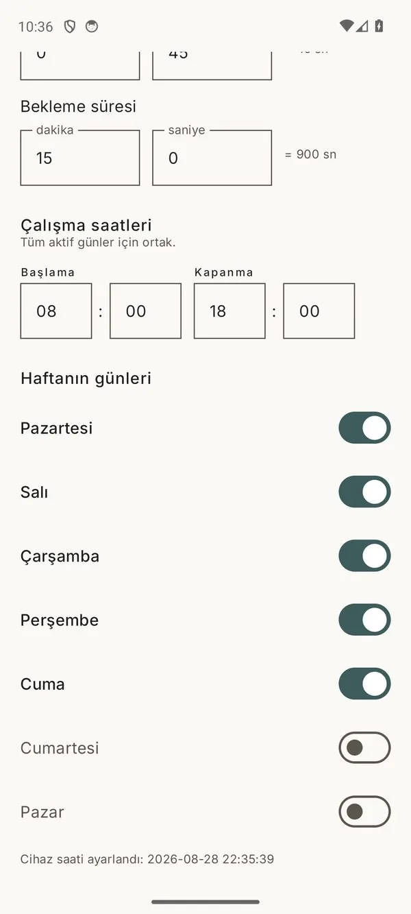 Uygulama: kokulandırma/bekleme süresi, çalışma saatleri (tüm aktif günlere ortak), haftanın günleri