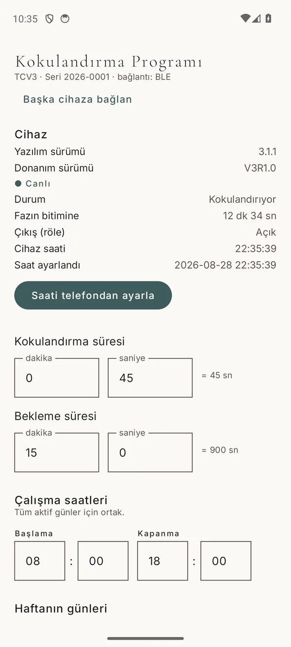 Uygulama: canlı durum — Kokulandırıyor, fazın bitimine 12 dk 34 sn, çıkış (röle) Açık